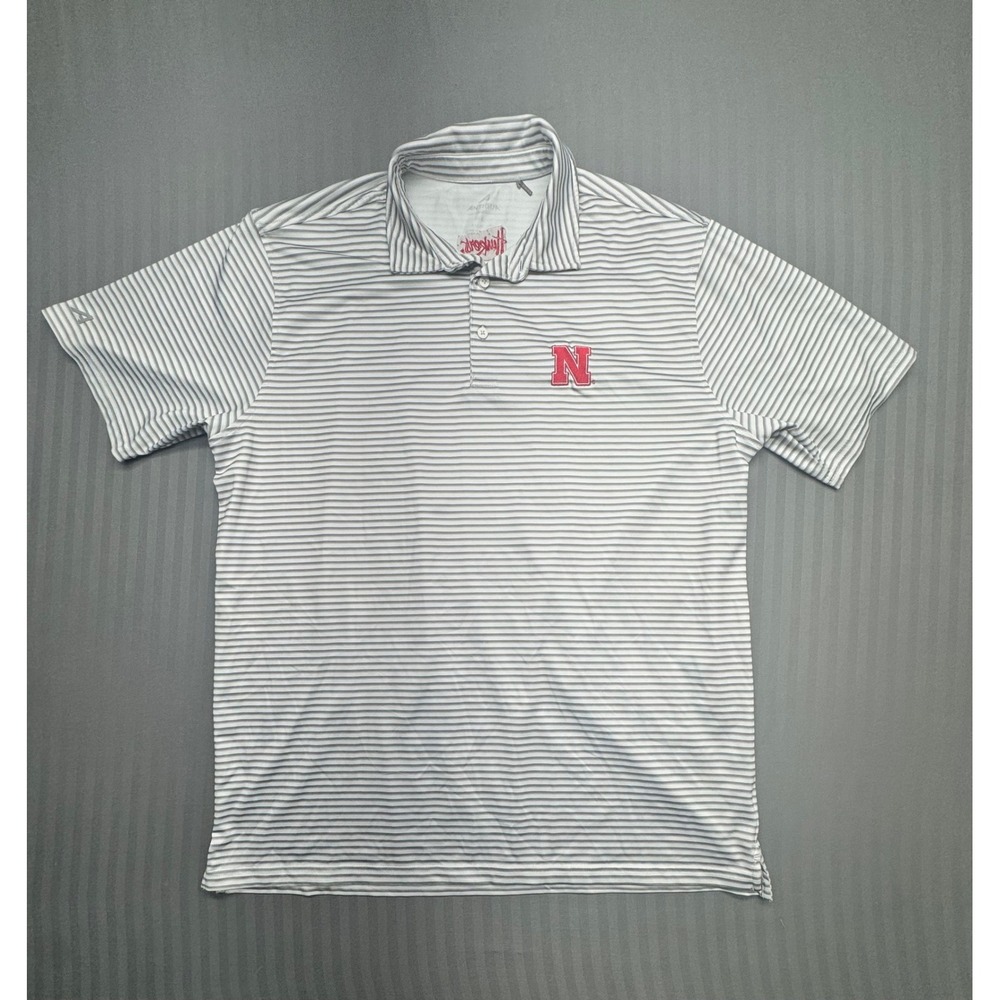 Antigua Nebraska Huskers Mens Large Grey White Striped Performance Golf Polo